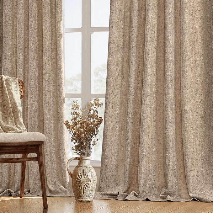 MIULEE Thick Linen Curtains, 42Wx90L, Brown Tan Semi Sheer Linen Textured | Light Filtering Window Privacy Drapes with Back Tab Rod Pocket for Farmhouse/Living Room/Bedroom, Set of 2
