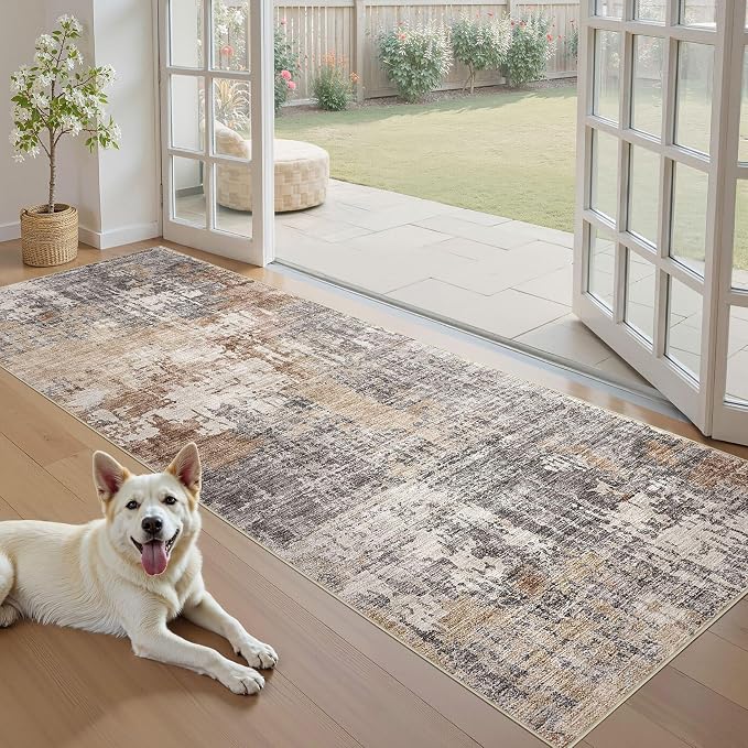 DMOYEST Washable Runner Rug for Hallway: 3x8 Neutral Modern Abstract Low Pile Area Rug with Non-Slip Backing - Carpet for Bedroom Kitchen Laundry Entryway Bathroom Indoor - Grey Brown