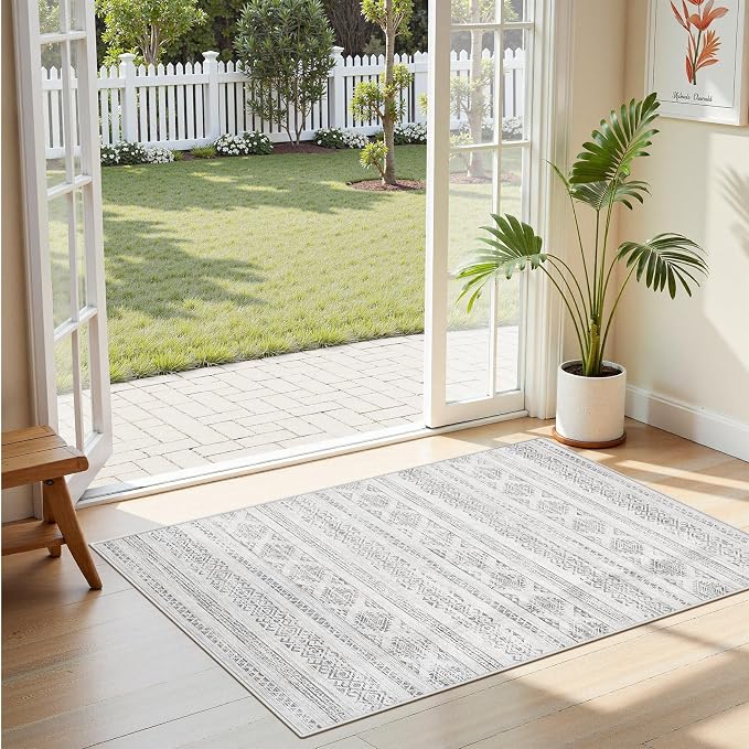 Tortania Area Rug Living Room Rugs - 3x5 Washable Soft Neutral Boho Moroccan Farmhouse Mat Indoor Floor Carpet for Bedroom Under Dining Table Home Office Decor - Ivory Gray