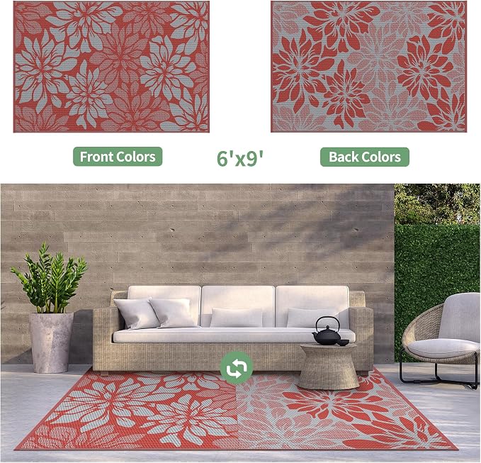 GENIMO Outdoor Rug, Waterproof Plastic Rugs for Patio, 6'x9' Red Grey | Outside Larger Leaf Carpet Mat for Porch Decor, Deck, Balcony, Camping, RV, Backyard, Picnic, Beach, Reversible, Foldable