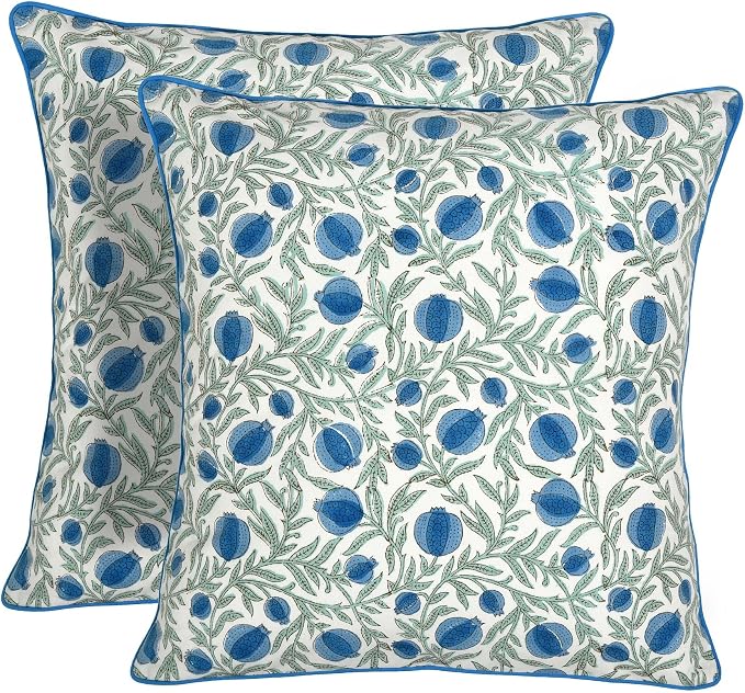 Ridhi Block Print Queen Blue Pillow Cover 20" x 20" (Pack of 2) Decorative Couch Pillows for Living Room, Farmhouse Chic Boho Cute Outdoor Pillows Covers Gifts for Spring, Mother's Day