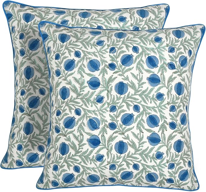 Ridhi Block Print Queen Blue Pillow Cover 16" x 16" (Pack of 2) Decorative Couch Pillows for Living Room, Farmhouse Chic Boho Cute Outdoor Pillows Covers Gifts for Spring, Mother's Day
