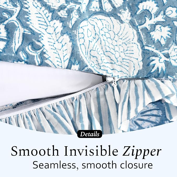 CPC Blue Meadow Hand Block Print 100% Cotton Ruffle Throw Pillow Cover 24x24 inch with Hidden Zipper Decorative for Couch, Bed, Sofa, Farmhouse, Cottagecore Decor Gift Christmas Fall Thanksgiving