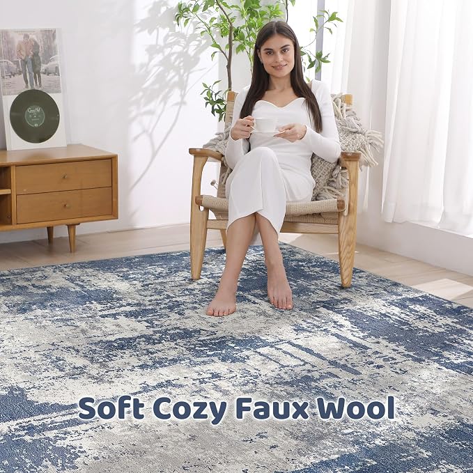 Area Rugs 9x12 Living Room: Washable Large Abstract Modern Soft Rugs Stain Resistant Indoor Floor Non Slip Accent Carpet for Bedroom Nursery Playroom Office Dining Room Dorm Home Decor- Navy Grey