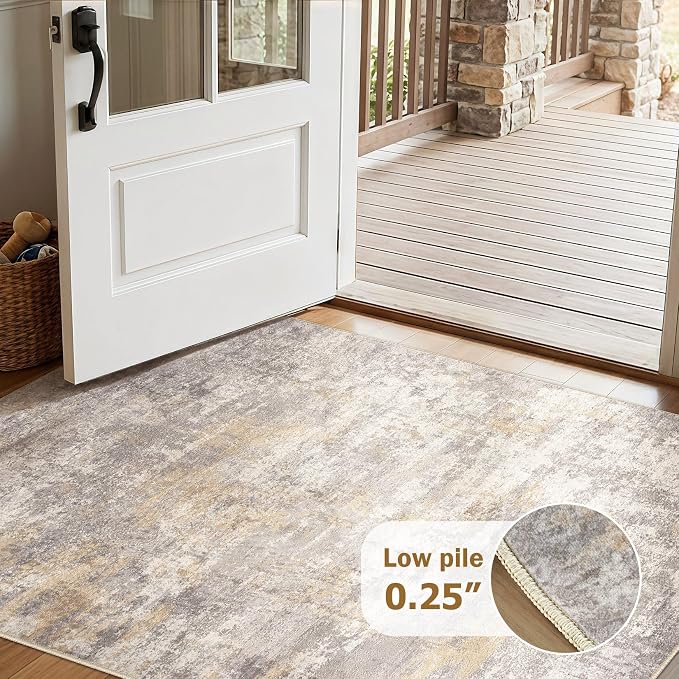 cotiled 3x5 Washable Rug Abstract Soft Non Slip Entryway Rugs | Stain Resistant, Robot Vacuum & Pet Friendly, Low-pile, For Living Room, Bedroom, Dining Table, Nursery Gold/Grey/Brown