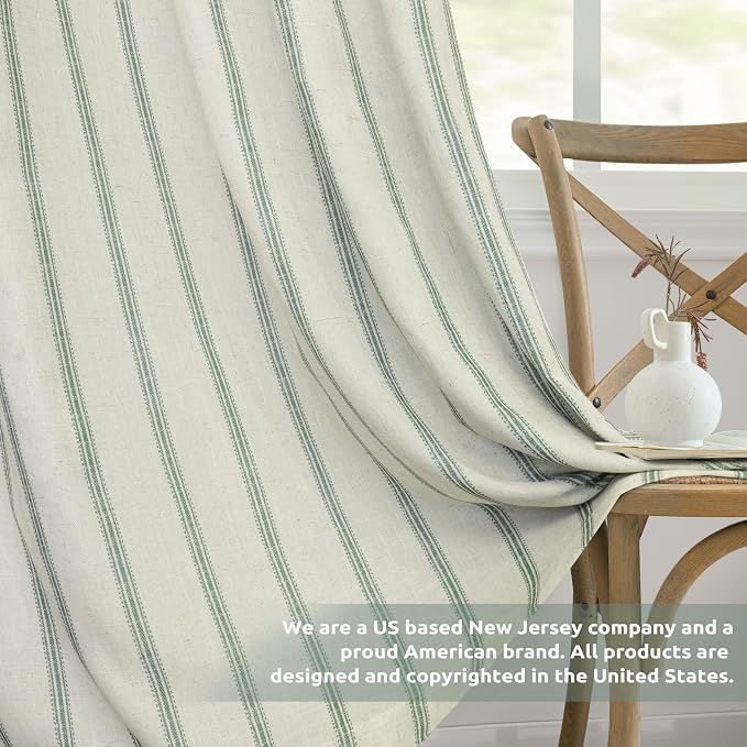 DriftAway Farmhouse Stripe Blackout Curtains, W52xL63, Loden Green | Blackout, Linen Texture, Stripe Pattern, Rod Pocket & Back Tab, Two Layers, Bedroom Living Room Use, Sound Reducing Design
