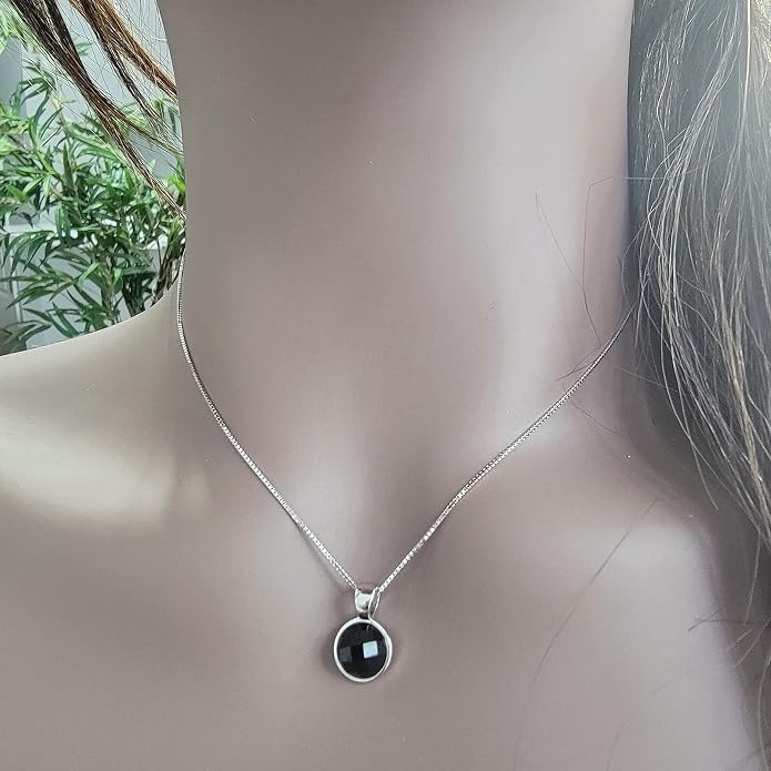 Natural gemstone 8mm round pendant with white gold over 925 sterling silver bezel cabochon plate and box chain, real genuine dainty birthstone gift for her, uniquelan jewelry
