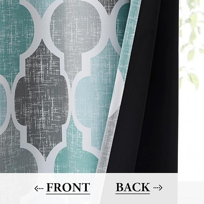 Beauoop Moroccan 100% Blackout Curtains Bedroom Aqua Grey 50x72 2 Panels | Geometric Room Darkening Drapes for Living Room 84 Inch Long Thermal Insulated Soundproof Lattice Window Treatment Rod Pocket