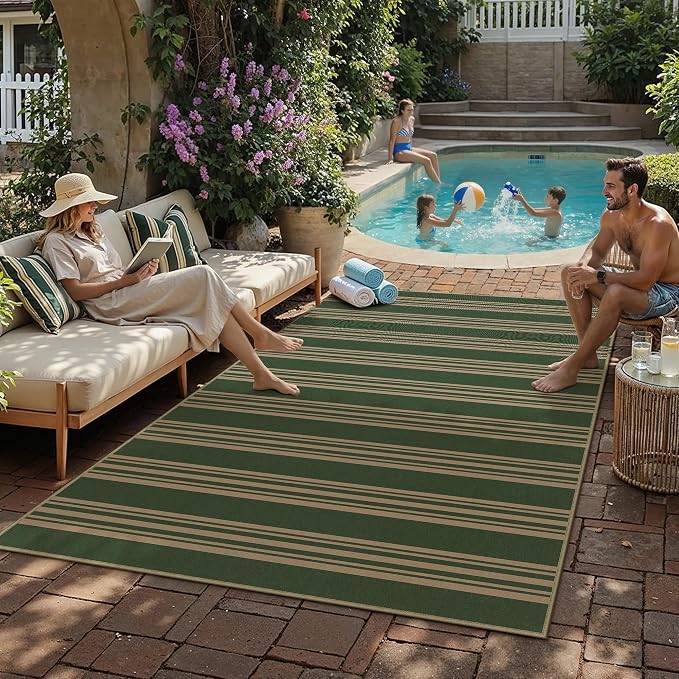 PureCozy Outdoor Rug 6x9 Washable Striped Jute Look Non Slip Carpet | Green and Tan Stripe Farmhouse Style, Indoor Outdoor Area Rugs for Patio, Living Room, Dining Room, Non Shedding, Neutral Rug