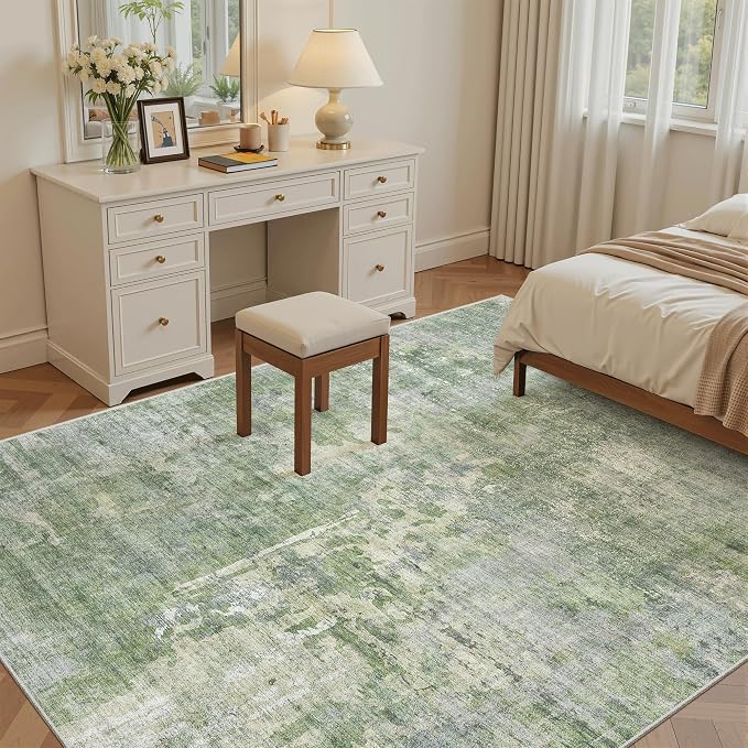 Soalmost Abstract Rug 5x7 Machine Washable Area Indoor Green Low Pile Non-Slip Foldable Thin Accent Rugs for Bedroom Living Room Dining Room