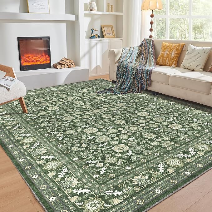 OPPODREAM Low-Pile Area Rugs, Faux Wool Carpet for Living Room, Kitchen, Office, Dorm, Bedroom, Vintage Washable Rug Non Slip, Dark Green, 8'x10'