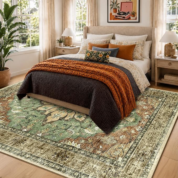 RELEANY Area Rugs 6'x9' Washable Non-Slip, Floral Vintage Distress Medallion Carpet for Living Room Bedroom Dining Room, Terracotta Burnt Orange Green