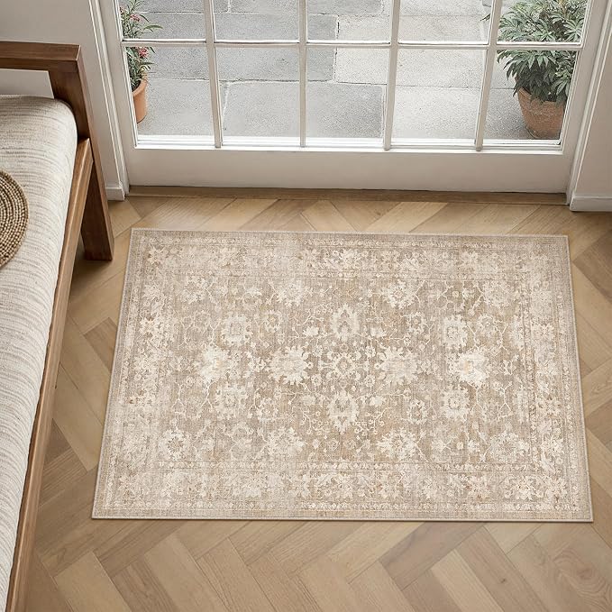HUGEAR 2x3 Entryway Rug Beige Machine Washable Rug Room Decor Vintage Distressed Small Area Rugs Indoor Door Mat Low Pile Non Slip Carpet for Kitchen Living Bedroom Soft Lightweight
