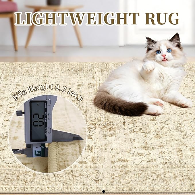 Neutral 3x5 Washable Rug, Beige Vintage Boho Carpet for Bedroom | for Living Room, Low Pile Small Indoor Area Rug with Non-Slip Silicone Backing, Non-Shedding