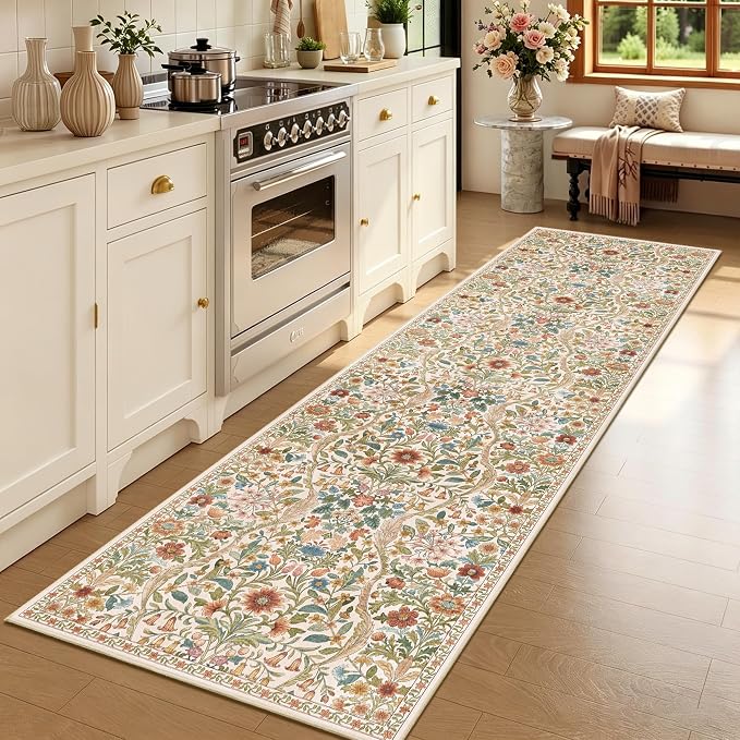 3x10 Washable Runner Rug,Beige Floral Boho Area Rug for Hallway,Low-Pile Non-Slip Stain Resistant Long Carpet for Kitchen, Bedside,Laundry Room,Entryway