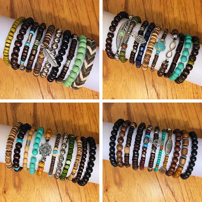 43pcs Boho Hippie Wooden Beads Bracelets unisex for Men and Woman, Gothic Punk Braclets Adjustable, Vintage Beaded Bracelet Set Style for Woman & Men Trendy, Pulseras, Stretch Bracelets Metal Set Wood Bangles Wristbands