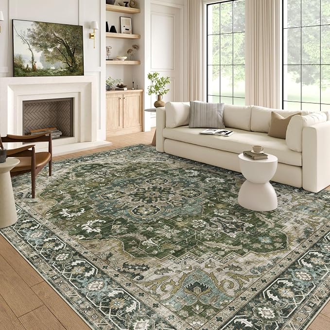 LUXRUG 6x9 Area Rug for Living Room - Large Oriental Washable Rugs for Bedroom Non-Slip Moss Green Boho Medallion Dining Room Rug Farmhouse Low-Pile Carpet Soft Vinatge Rug for Office Guest Room