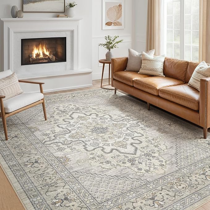 Tortania Area Rug Living Room Rugs - 10x12 Washable Boho Rug Vintage Oriental Distressed Farmhouse Large Thin Indoor Carpet for Living Room Bedroom Under Dining Table Home Office - Beige Linen