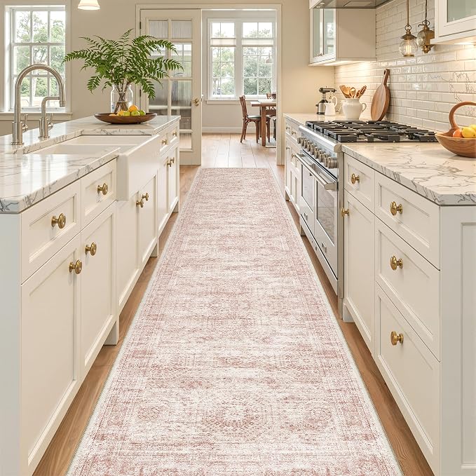 2x10 Runner Rug Non Slip,Washable Hallway Runner Rug,Pink | Long Neutral Rugs for Kitchen,Entryway,Bedroom,Bathroom,Laundry Room,Thin,Soft Runner Rug,Stain Resistant Indoor Carpet