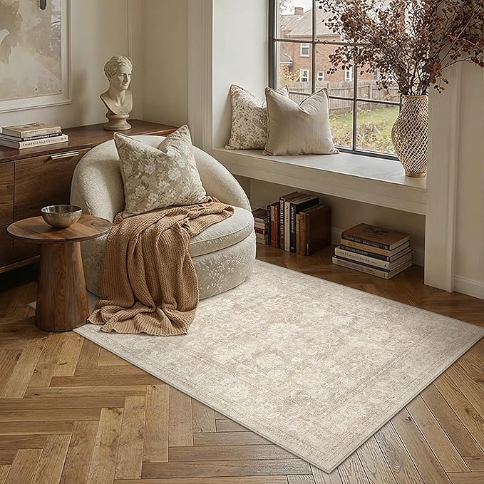 PureCozy 4x6 Beige Office Area Rug Vintage Washable Non Slip Indoor Carpet Entryway Kitchen Door Mat Distressed Low Pile Soft Retro Accent Throw Rug for Bedroom Living Room Dining Room