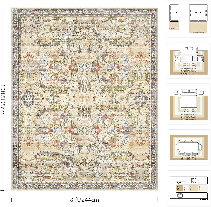 8x10 Area Rugs, Vintage Retro Soft Washable Rug, Non-Slip Low Pile Rugs for Living Room, Bedroom, Dining Room, Stain Resistant Home Decor Rug (Vintage Ivory/Multi)