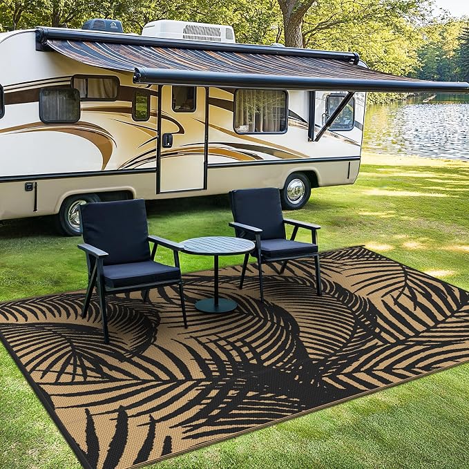 GENIMO Outdoor Rug, Waterproof Plastic Rugs for Patio, 6'x9' Ebony Brown | Outside Larger Leaf Carpet Mat for Porch Decor, Deck, Balcony, Camping, RV, Backyard, Picnic, Beach, Reversible, Foldable