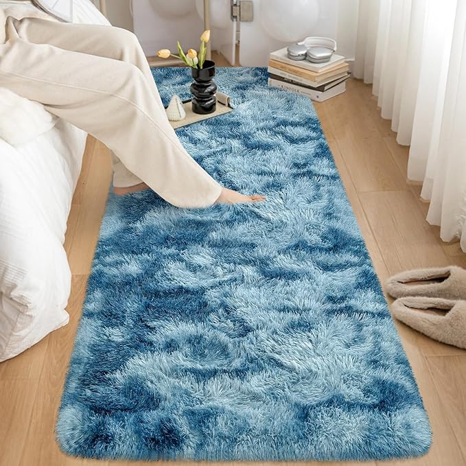 2x10 Feet Soft Fluffy Blue Runner Rug for Bedroom, Washable Plush Shag Carpet Runner for Hallway Living Room, Hallway, Nursery, Dorm, Fuzzy Bedsiluede Rug for Kids Girls Room, Home Decor
