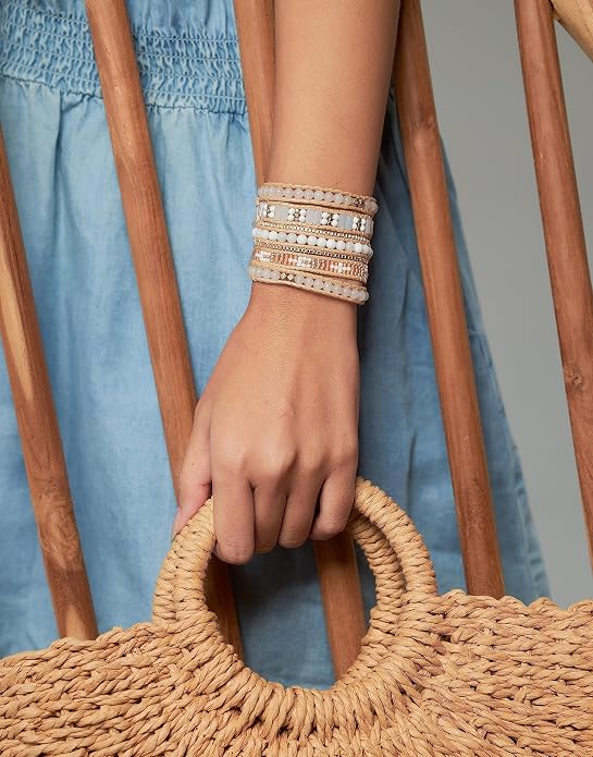 Bracelet for Women – Handmade Vegan Boho Natural Stone Layered Bracelet, Thailand Bohemian Stackable Beaded Wrap Bracelets, Summer Hippie Bracelet Stack, Fashion Jewelry Gifts