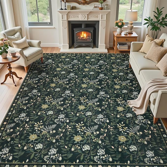 8x10 Vintage Washable Area Rug, Green | Living Room,Low Pile Non Slip Carpet Non-Shedding Large Soft Indoor Stain Resistant Floral Print Mat for Bedroom Dining Room