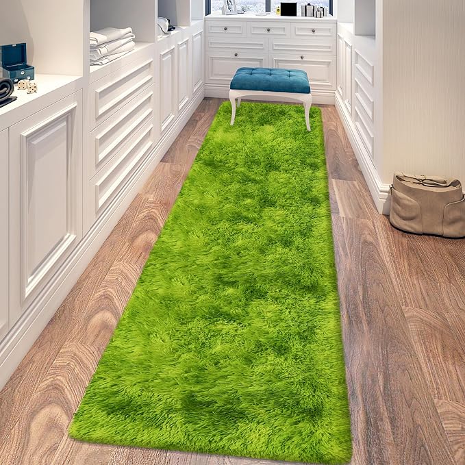 Grass Green Tie Dyed Rug 2x8 ft Plush High Pile Shag Carpet Fluffy Soft Runner Bedside Rug for Bedroom Living Room Hallway Nursery Kids Home Decor