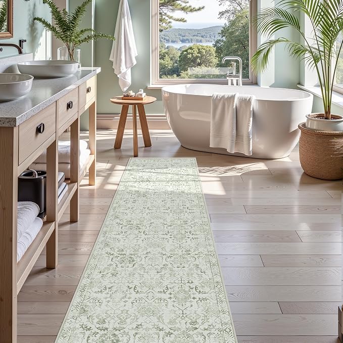 Sage 2x10 Runner Rug for Hallways Bed Side Kitchen, Boho Washable Distressed Low-Pile Floor Entryway Long Bathroom Mat, Non-Slip Laundry Room Washstand Front Carpet Green 24x120 Inch