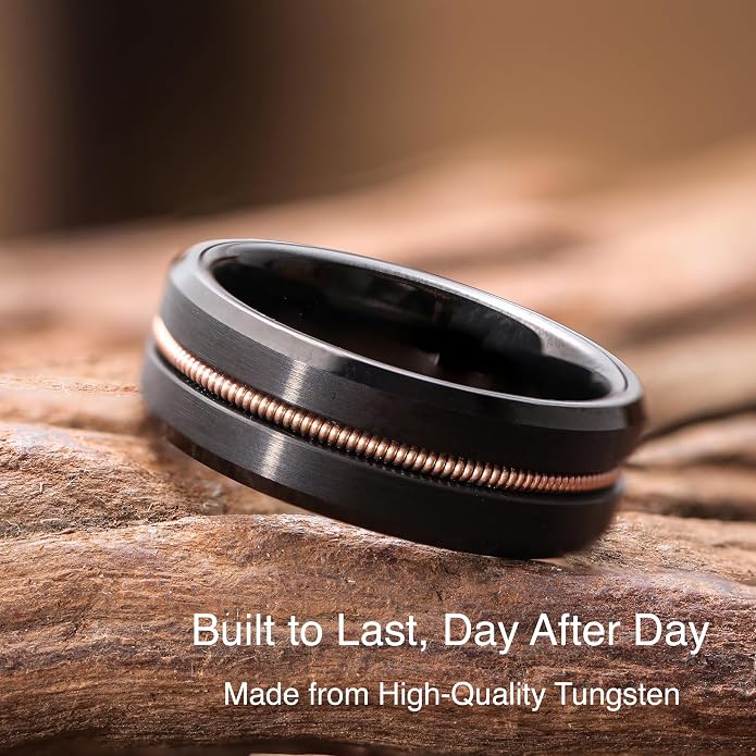 LerchPhi Tungsten Wedding Band for Men, Engraved and Customizable Promise Rings for Him and Her, Width 6MM 8MM Size 6-14, Center Grooved Beveled Edge, Comfort Fit