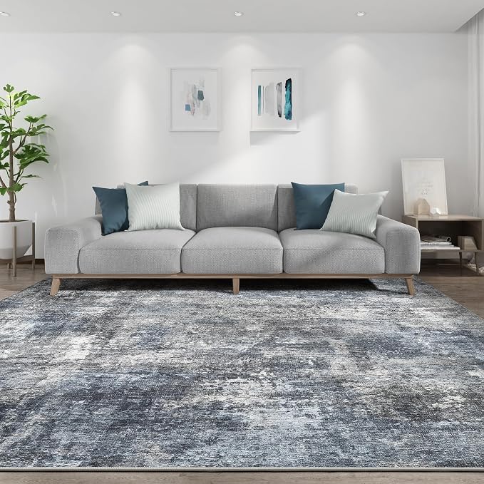 Abstract 6x9 Area Rug: Machine Washable Non Slip Ultra Thin Low-Pile Carpet, Soft Stain Resistant for Living Room Bedroom Nursery, Kid Pet Friendly, Robot Vacuum Compatible - Dark Grey/Blue