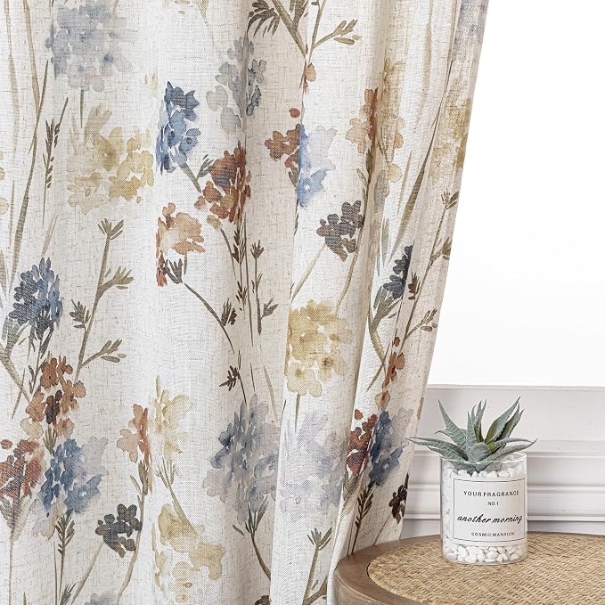 MYSKY HOME Floral Linen Curtains 84 inch Length 2 Panels Set Summer Flower Patterned Semi Sheer Light Filtering Privacy Farmhouse Grommet Drapes for Living/Dining Room, Yellow, W52 x L84, Pack-2