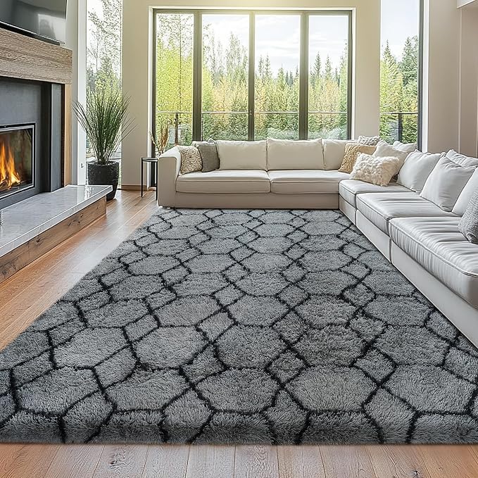 8x10 Area Rugs for Living Room: Grey and Black Fluffy Bedroom Rug- 8x10 Feet Geometric Large Soft Plush Shaggy Rug- Fuzzy Shag Floor Carpet for Living Room, Nursery Kids Room, Dorm Home Decor