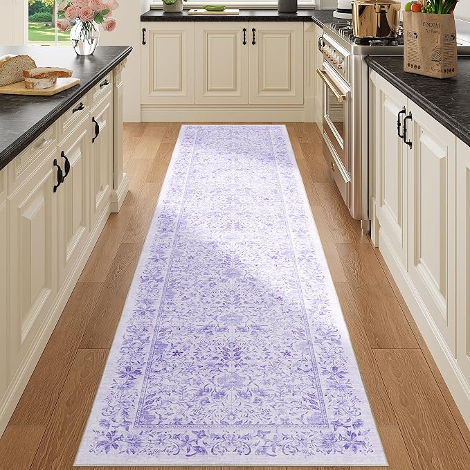 DUKINO 2x8 Runner Rug, Washable Vintage Floral Kitchen Rug, Purple | Non Slip, Low Pile, Non-Shedding, Stain Resistant Aesthetic Soft Carpet Runner for Hallway Bathroom Laundry Bedroom Entryway