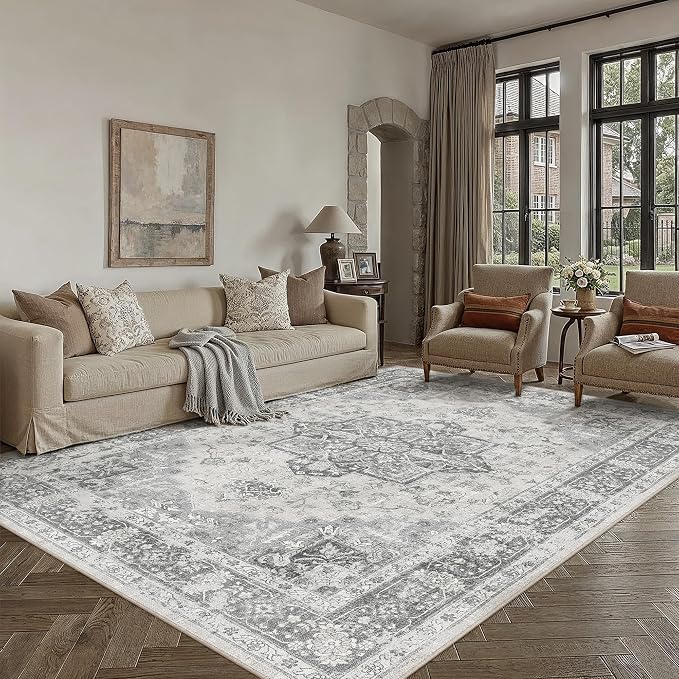 PureCozy Gray 8x10 Area Rug Washable Vintage Living Room Carpet Non Slip Retro Distressed Low Pile Soft Oriental Medallion Thin Large Grey Throw Rug for Office Bedroom Dining Room Playroom