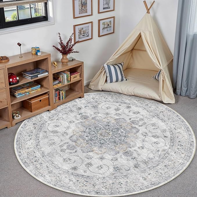 HUGEAR Round Rugs 4x4 Machine Washable Vintage Blue Throw Carpet Non Slip Stain Resistant Low Pile for Living Room Bedroom Kitchen Retro Aesthetic Modern Decor