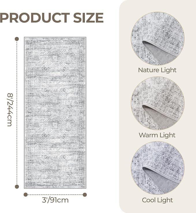 3x8 Runner Rug Non Slip,Washable Hallway Runner Rug,Grey | Neutral Rugs for Kitchen,Entryway,Bedroom,Bathroom,Nursery Room,Thin,Soft Runner Rug,Stain Resistant Indoor Carpet