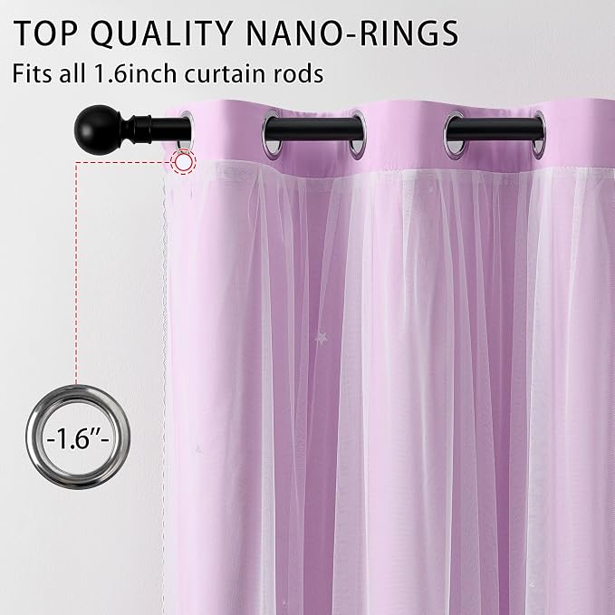 XiDi Purple Blackout Curtains for Girls Bedroom 2 Panels 54 Inches Long Hollow-Out Star Kids Nursery Curtains Princess Mermaid Wall Decor Double Layer Grommet Window Drapes Lilac Purple W34 x L54