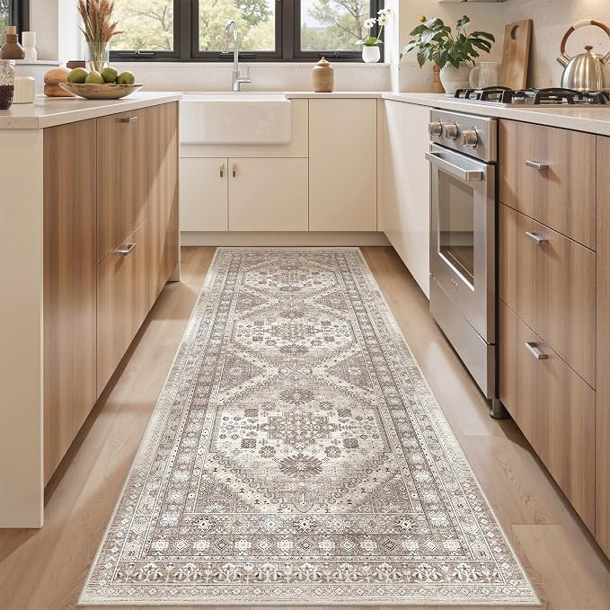 befbee 2.6'x8'Non Slip Runner Rugs - Runners for hallways, Kitchen,Entryway,Stain Resistant Washable Rugs for Bedroom, Indoor Vintage Area Rugs (Brown/Beige, 2.6'x8')