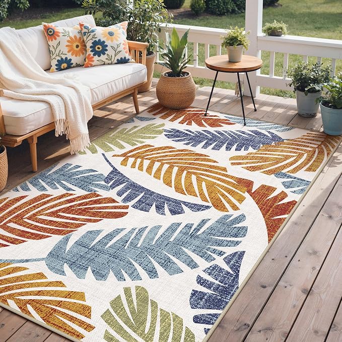 GENIMO 8x10 Outdoor Rug, Washable Quick Dry for Patio, Leaf Rust Navy | Botanical leaf design for backyard; fade resistant chenille with quick-dry non-slip backing for indoor living rooms.