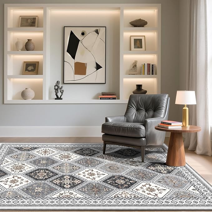 4x6 Area Rug, Soft Non-Slip Boho Moroccan Rug,Gray/Gold | Low-Pile Printed Indoor Washable Area Rugs for Living Room, Bedroom Bedside, Entryway, Kitchen