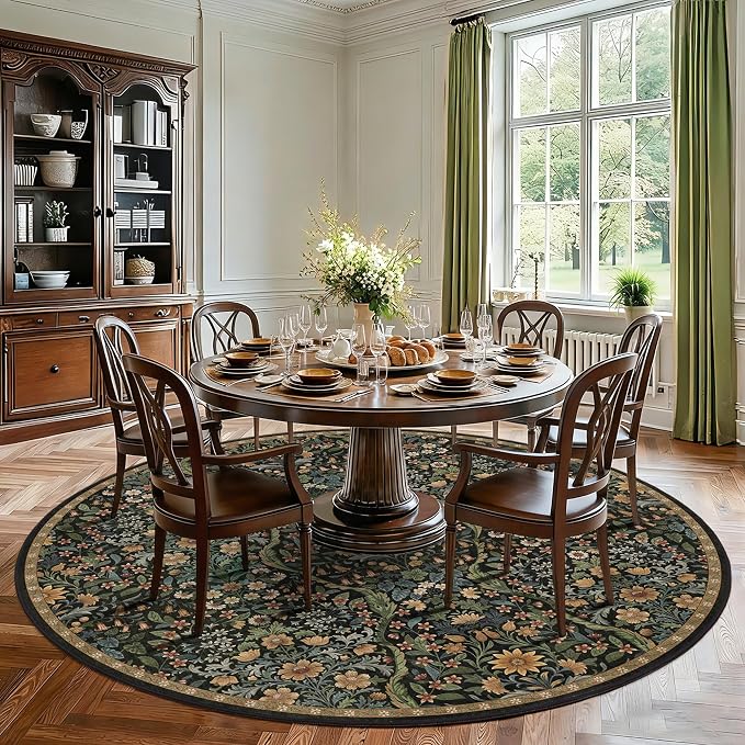 Round Rug 8ft Black Brown Washable Floral Circle Rug,Vintage Boho Botanical Round Area Rugs, Non-Slip Soft Low-Pile Circular Carpet for Bedroom,Kids Room,College Dorm,Home Decor