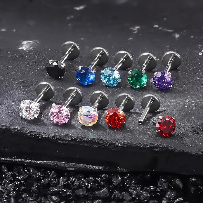 Ruifan Titanium Flat Back Lip Rings Threadless Push in Earrings Studs Nose Rings 20G 18G 16G Mix Colors CZ Tragus Cartilage Lobe Rook Helix Conch Labret Medusa Nostril Piercing Jewelry for Women Men