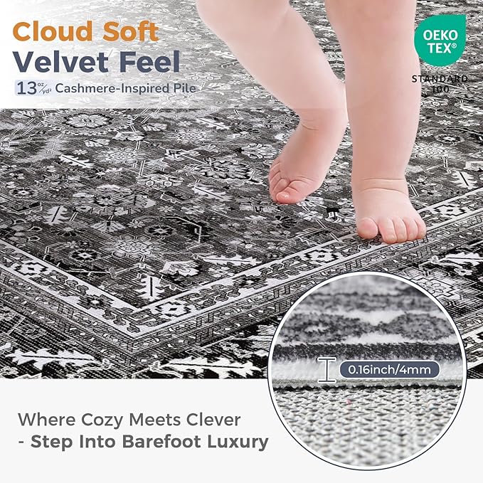 OPPODREAM Vintage Black 2x3 Washable Rug, 2 x 3 Retro Door Mat Indoor Entrance Non Slip, Low-Pile Faux Wool Throw Carpet, Distressed Floor Mat for Kitchen, Hallway, Entry-Way, Back Door