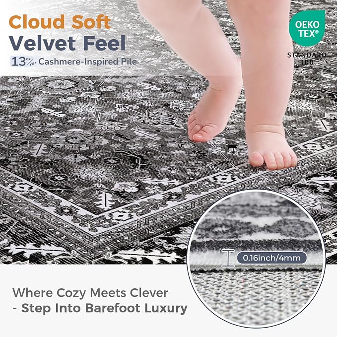 OPPODREAM Vintage Black Area Rugs 5x7, 5 x 7 Retro Washable Rug Non Slip, Low-Pile Faux Wool Carpet, Distressed Floor Mat for Living Room, Bedroom, Kitchen, Office, Dorm, Dinning Room