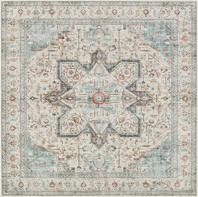 Tortania 8' Square Area Rug Living Room Rugs - Washable Boho Rug Vintage Oriental Distressed Farmhouse Large Thin Indoor Carpet for Bedroom Under Dining Table Home Office - Aqua Multi