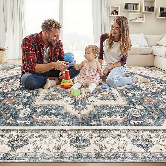 Area Rug for Living Room - 5x7 Washable Oriental Vintage Floral Distressed Large Soft Carpet - Fade Stain Resistant Non Slip Rugs for Bedroom Dining Room Nursery Dorm Office Home Decor - Vintage Blue