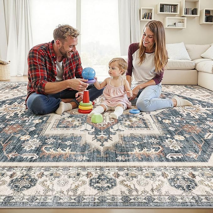 Area Rug for Living Room - 6x9 Washable Oriental Vintage Floral Distressed Large Soft Carpet - Fade Stain Resistant Non Slip Rugs for Bedroom Dining Room Nursery Dorm Office Home Decor - Vintage Blue